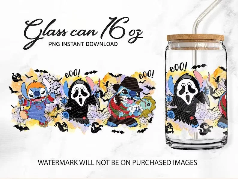 Thoughtful Drinkware Gifts Stitch 16oz, Stitch Tumbler Wrap, Halloween Tumbler, 16oz Libbey Can Glass, Horror Stitch Tumbler, Cartoon Tumbler, Full Tumbler Wrap