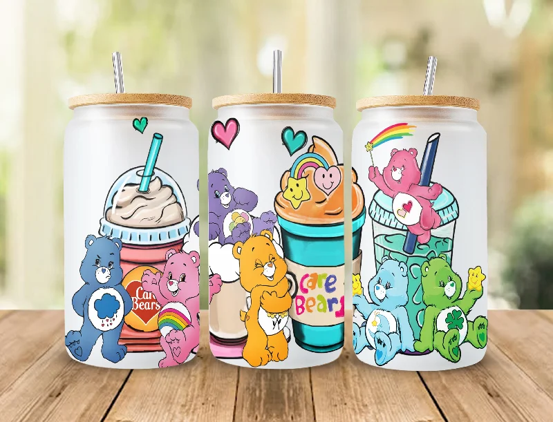 Travel Drinkware Bears Cartoons 16oz Wrap, 16oz Libbey Glass Can, Frosted Can Glass, Sublimation Design, Rainbow Design, Cute Bears Wrap,Cute Cartoon Design 1