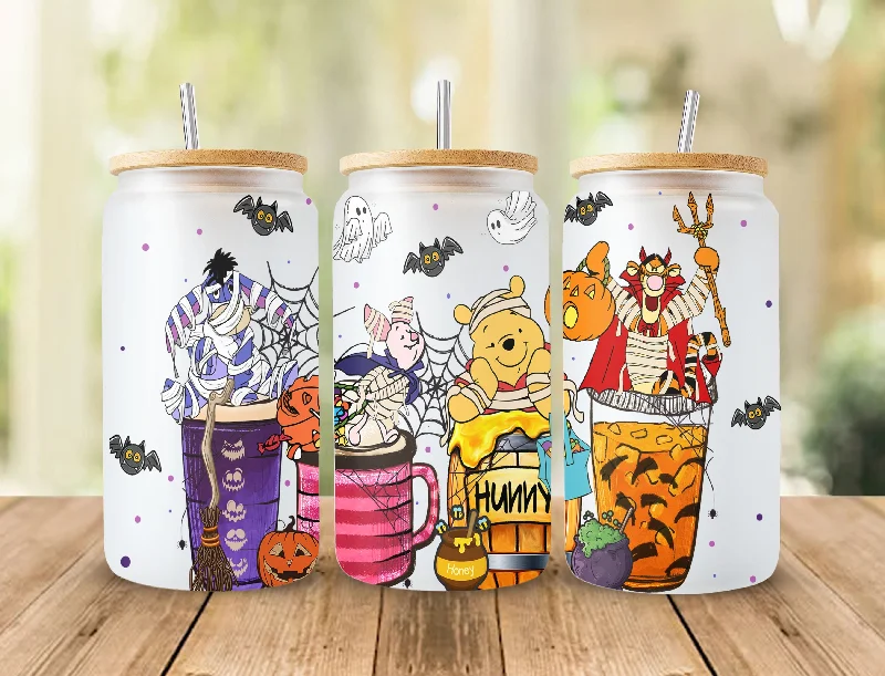 Stylish Drinkware Collection Winnie The Pooh Halloween Designs 16oz Libbey Glass Can Tumbler, Hallothankmas Pooh Design Glass Can png,16oz Libbey Wrap PNG, Halloween Png 4