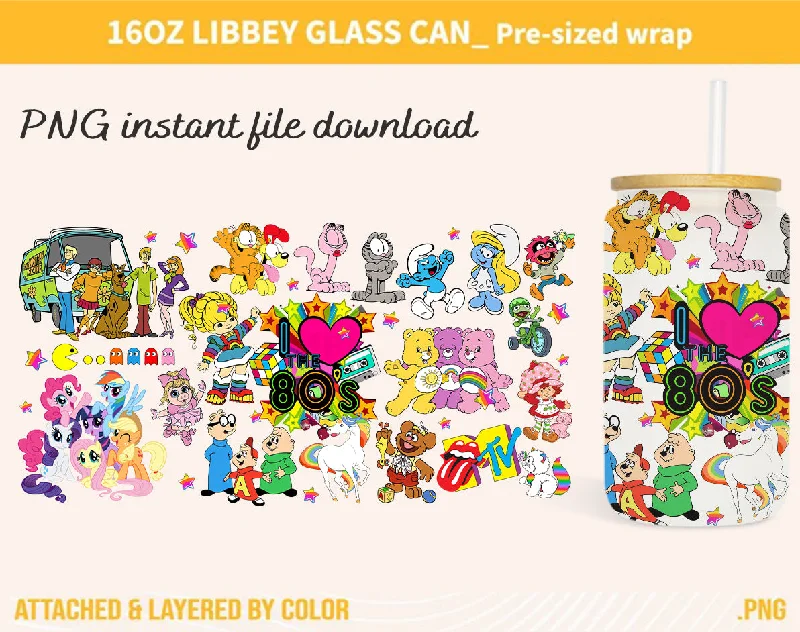 Tumbler Promotions 80_s Baby PNG, 16oz Glass Can Wrap, 16oz Libbey Can Glass, I love 80_s Tumbler Wrap, Full Glass Can Wrap, Cartoon Tumbler PNG