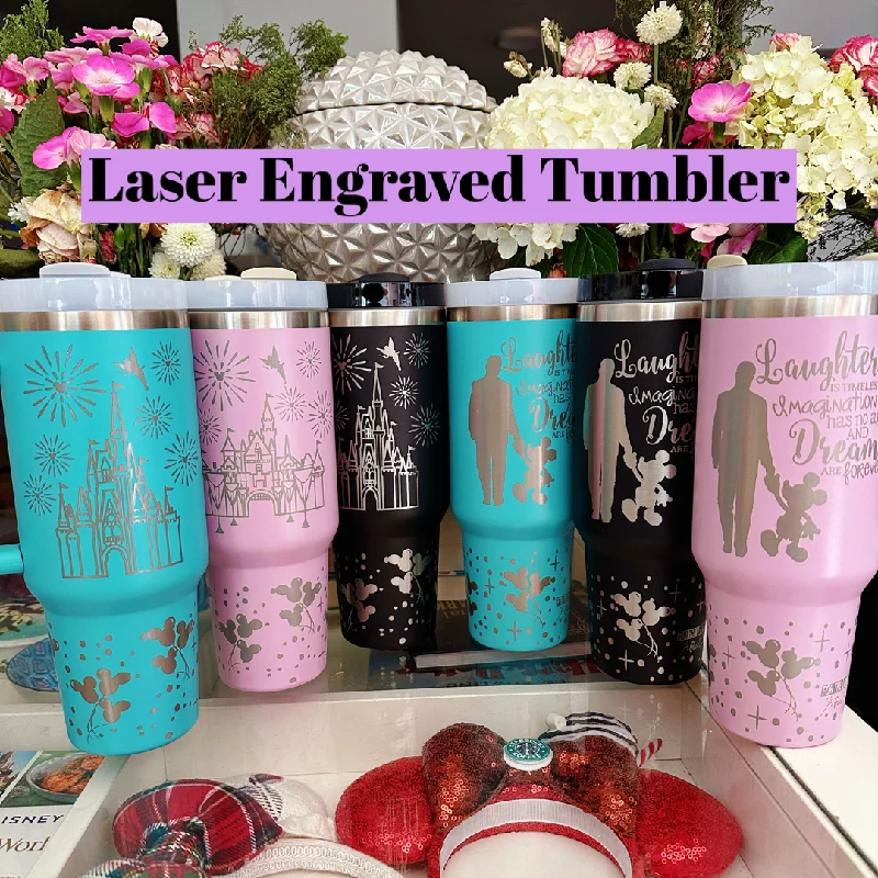 Stainless Steel Drinkware Ready to Ship Walt & Mouse and Castle on 40 oz Quencher Inspired Stainless Steel Tumbler