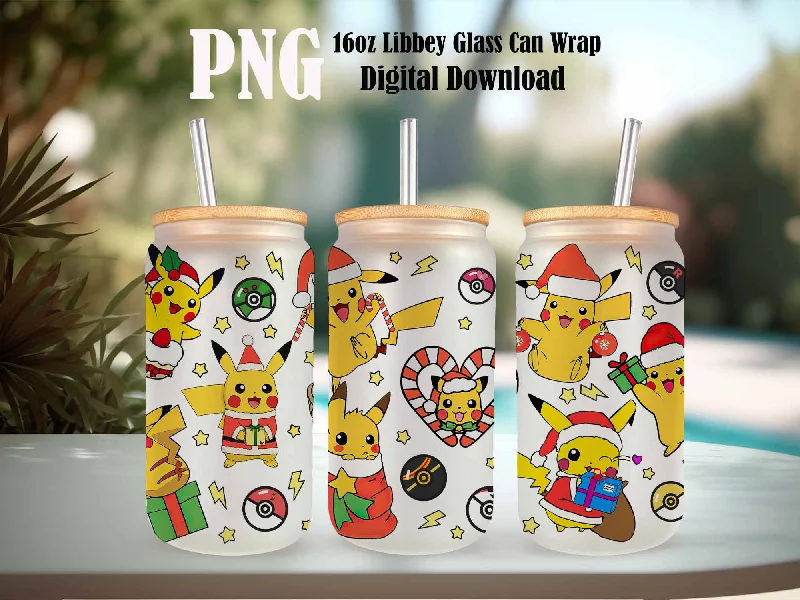 Travel Drinkware Sale Cartoon Christmas Tumbler PNG, 16oz Libbey Glass Can Wrap, Pika Anime Sublimation, Cartoon Wrap, Gotta catch ‘em all, Poke Can Wrap