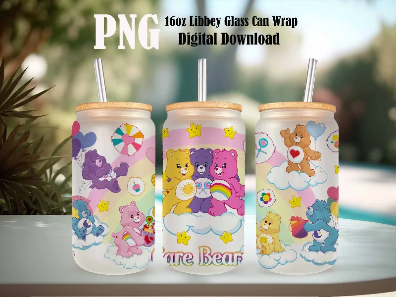 Drinkware Sale Bears Cartoons 16oz Wrap, 16oz Libbey Glass Can, Frosted Can Glass, Sublimation Design, Rainbow Design, Cute Bears Wrap,Cute Cartoon Design