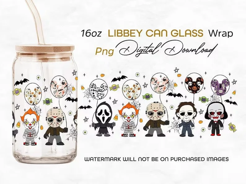 Travel Mugs Offer Horror png, Horror characters 16oz Libbey can Glass, Horror characters full glass can wrap, funny horror tumbler wrap, horror sublimation
