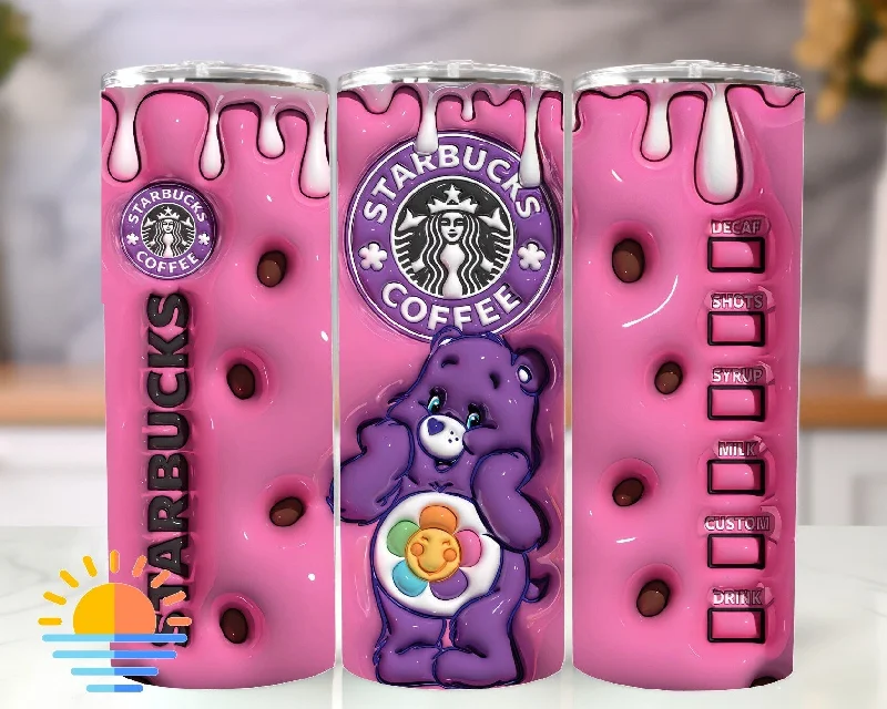 Flash Drinkware Deals 3D Inflated, Cute Harmony Bears, Puffy Tumbler Wrap 80s Cartoon Character Prints PNG Tumbler design For Sublimation 20 oz Sunny Bear Coffee