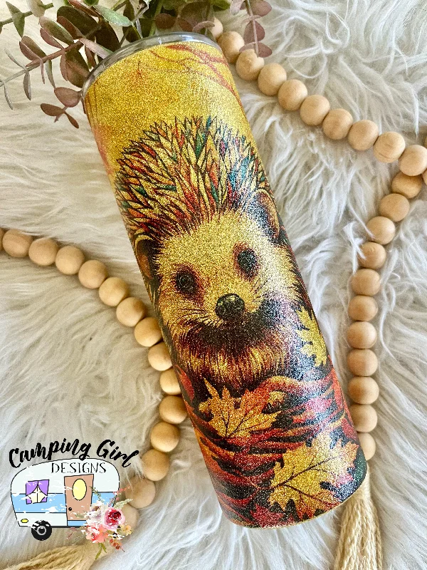 Drinkware Gifts For Friends READY TO SHIP 20 oz Hedgehog Fall Leaves Gold Glitter sublimation tumbler
