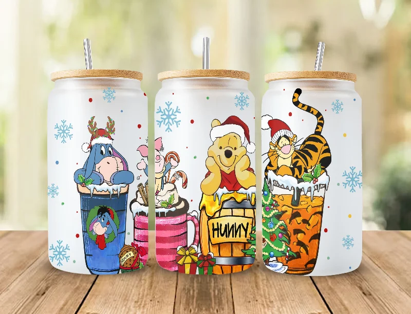 Tumbler Promotions Winnie The Pooh Halloween Designs 16oz Libbey Glass Can Tumbler, Hallothankmas Pooh Design Glass Can png,16oz Libbey Wrap PNG, Halloween Png 1