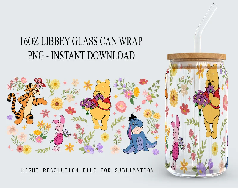 Thermal Drinkware Pooh Spring Can Glass PNG, Winnie The Pooh 16oz  Can Glass PNG, Spring Flowers Can Glass