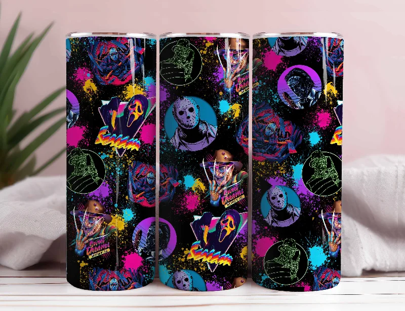Special Offer Drinkware Horror Movies Characters Tumbler PNG, 20oz Skinny Tumbler PNG, Horror Characters Tumbler Wrap, Coffee Tumbler, Killers Neon tumbler