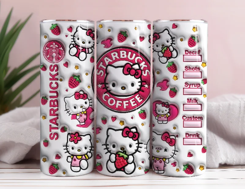 Thermal Drinkware Hello Kitty Coffee Tumbler Bundle, Spring Flower Pink Cat PNG, 20oz Straight Skinny Wrap, Cartoon Tumbler, Tumbler Wrap, Full Tumbler Wrap 9