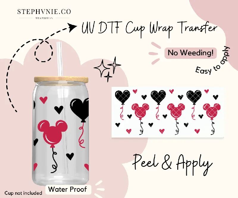 Holiday Drinkware Mouse Heart Ballooons - 16oz Cup Wrap (Clear Film)