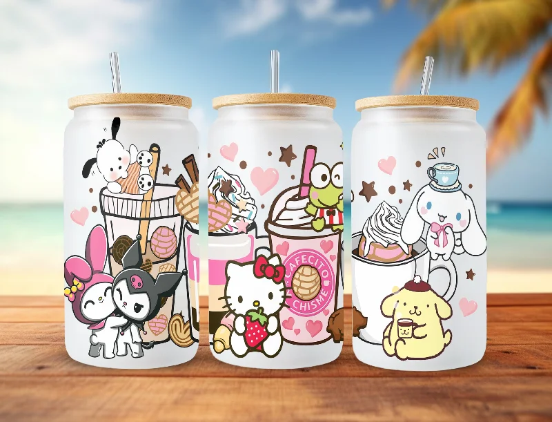 Glassware Deals Kawaii Pink Cafecito Y Chisme Tumbler Wrap, Cartoon Tumbler Wrap, 16oz Can Glass Wrap, Friends Coffee Wrap, Hello Cat Png