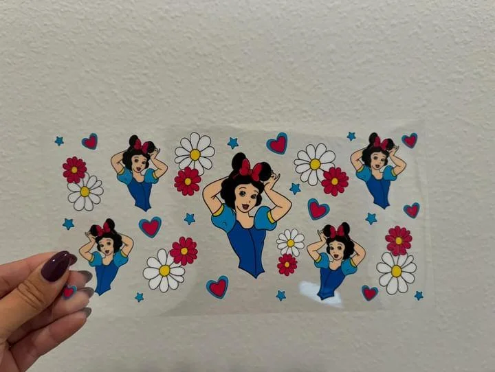 Glassware Deals Disney Snow White Flowers UV DTF Wrap Transfer 16oz | No Heat Needed | Waterproof | Permanent Adhesive